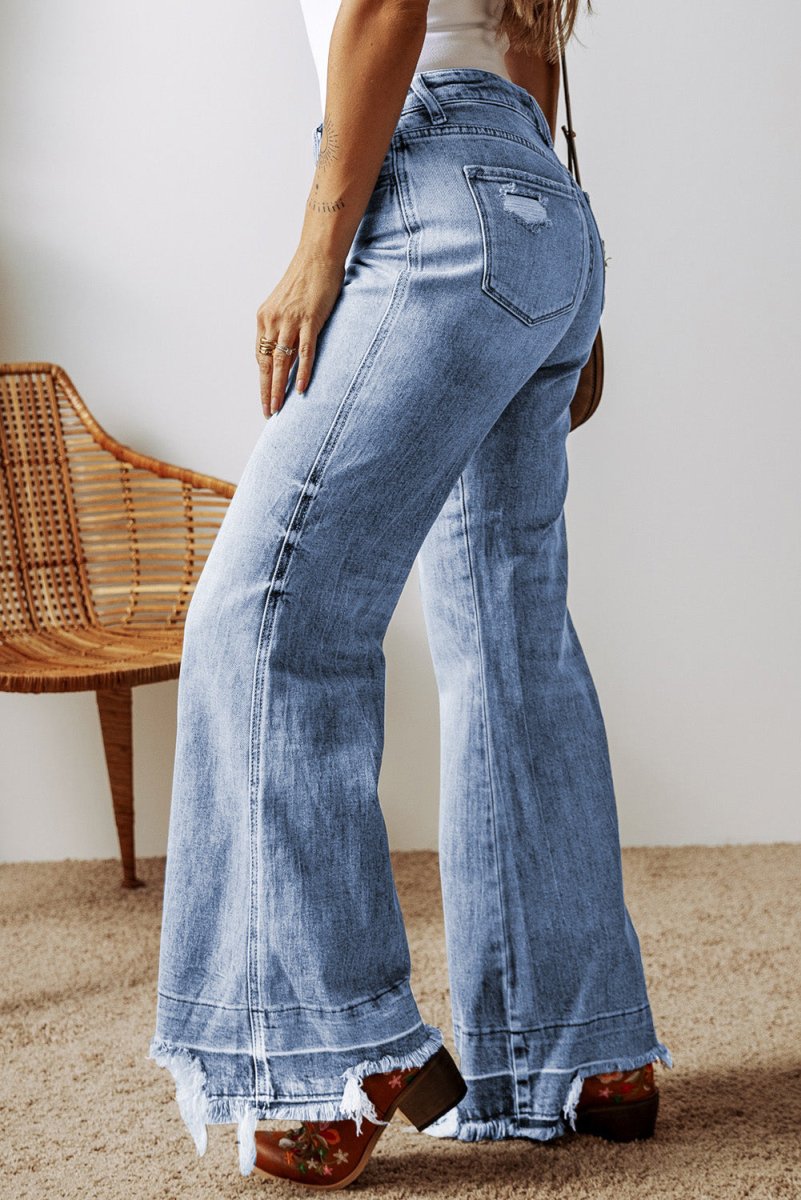 Raw Hem Bootcut Jeans with Pockets - Bottoms